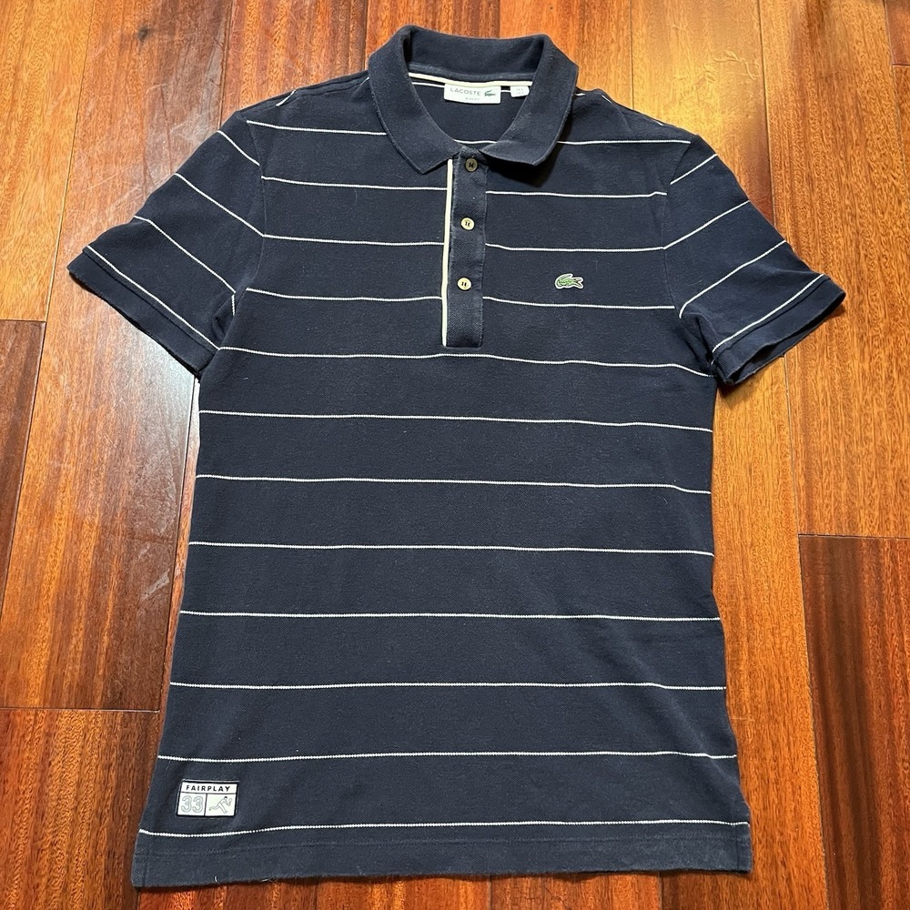 Lacoste Polo Shirt Mens Small 3 Slim Blue White Striped Fairplay 33 Tennis Logo